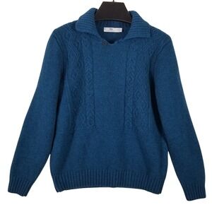 Inis Meain Merino Wool Cable Knit Sweater Teal Blue Made in Ireland Women Medium
